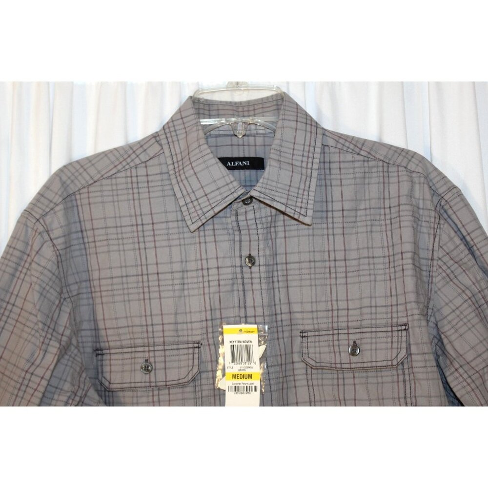 New Alfani Men's Medium Gray Plaid Button Front Shirt Long Sleeve 100% Cotton